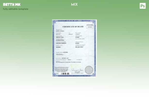 Модерен стил шаблон за уверение за здравствена смрт на САД Њу Џерси